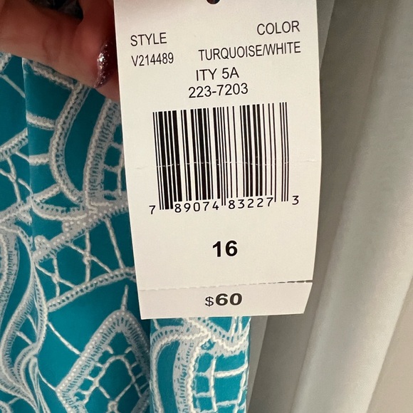 NEW - Turquoise, Off the Shoulder dress with wh. raised design, sz. 16 - Picture 3 of 5